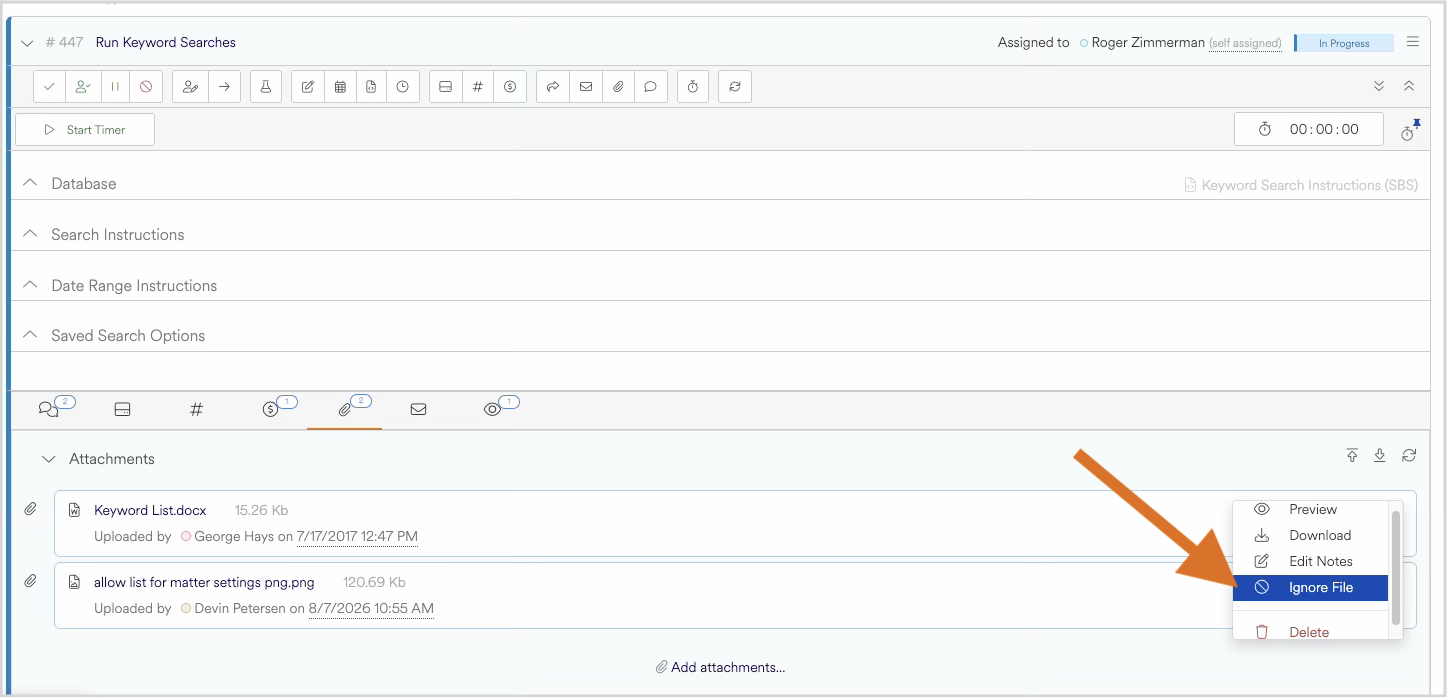 Instructions for managing keyword searches and file attachments in a project management tool.